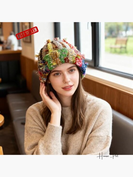Chunky Crochet Beanie Casual Cuffed Winter Hat with Boho Tassel Knot Woodstock Crochet Hat – French Knot main image 4